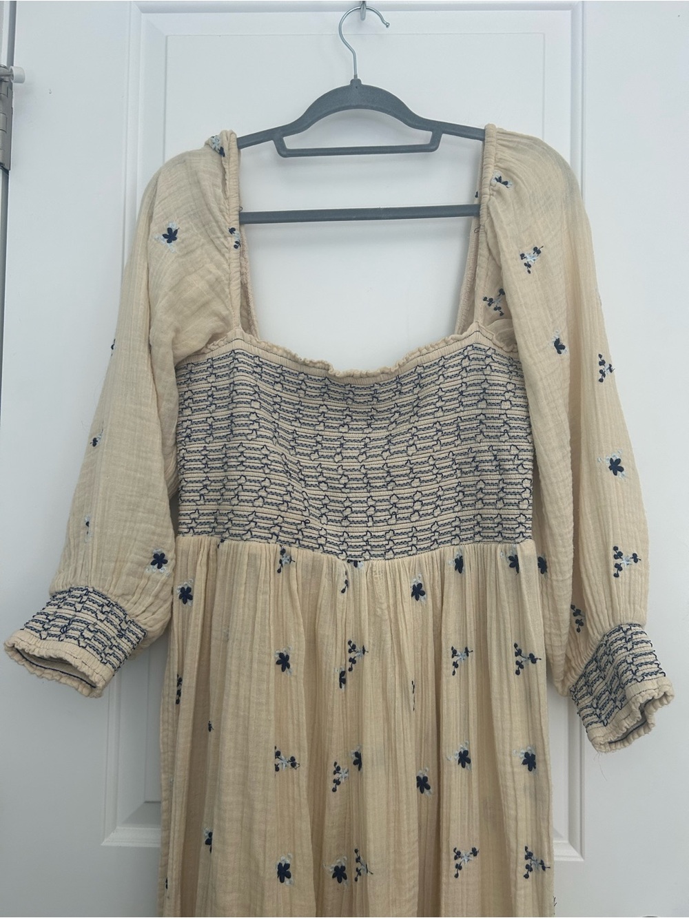 Free People Dahlia White Blue Embroidered Smocked Jumpsuit - Picture 3 of 8